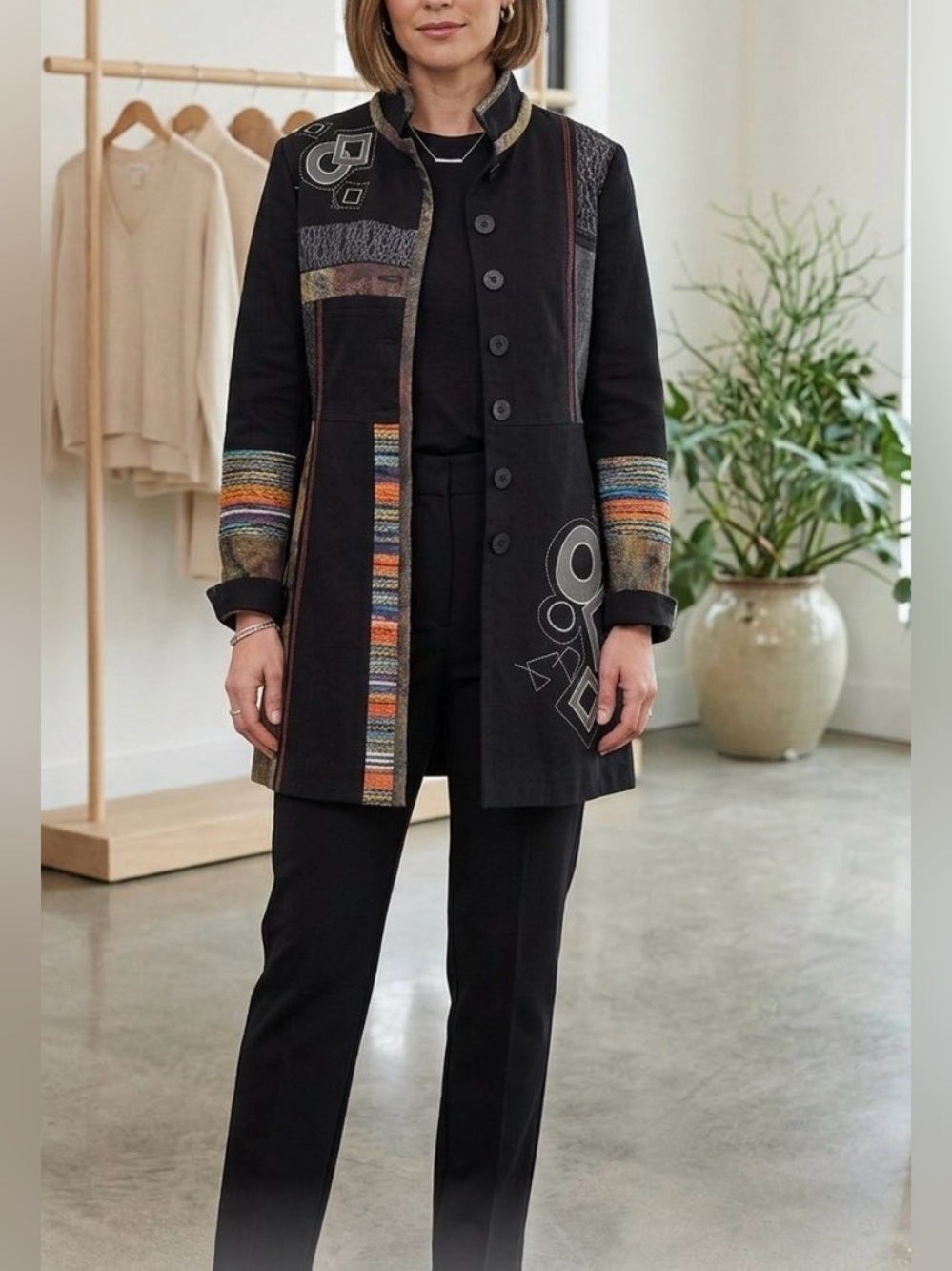 Ali Miles Black Patchwork Button-Front Coat with Wearable Art Outerwear (S)